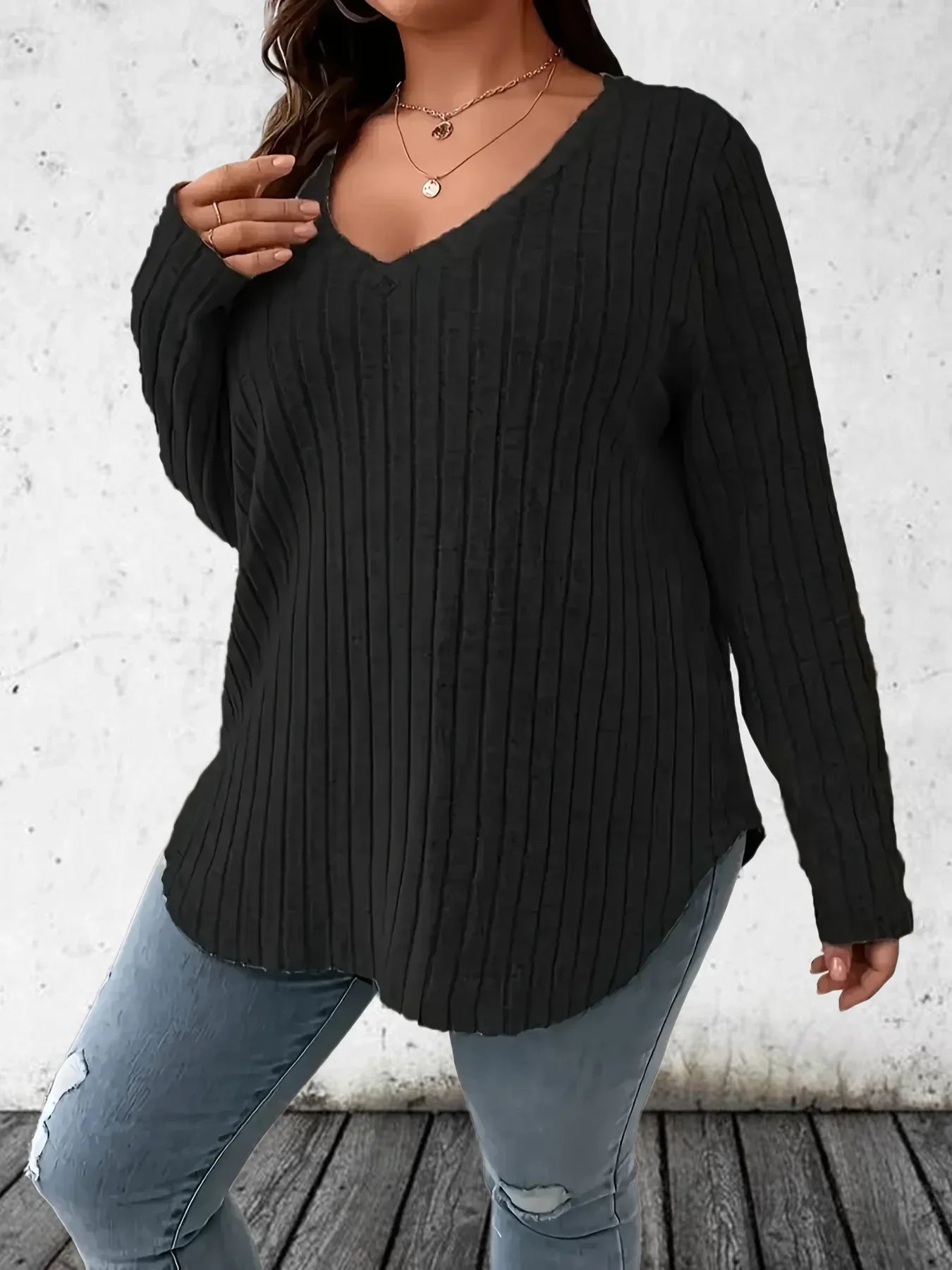 Plus Size Women’s V-Neck Ribbed Long Sleeve T-Shirt – Casual Solid Knit Top (1XL–5XL)