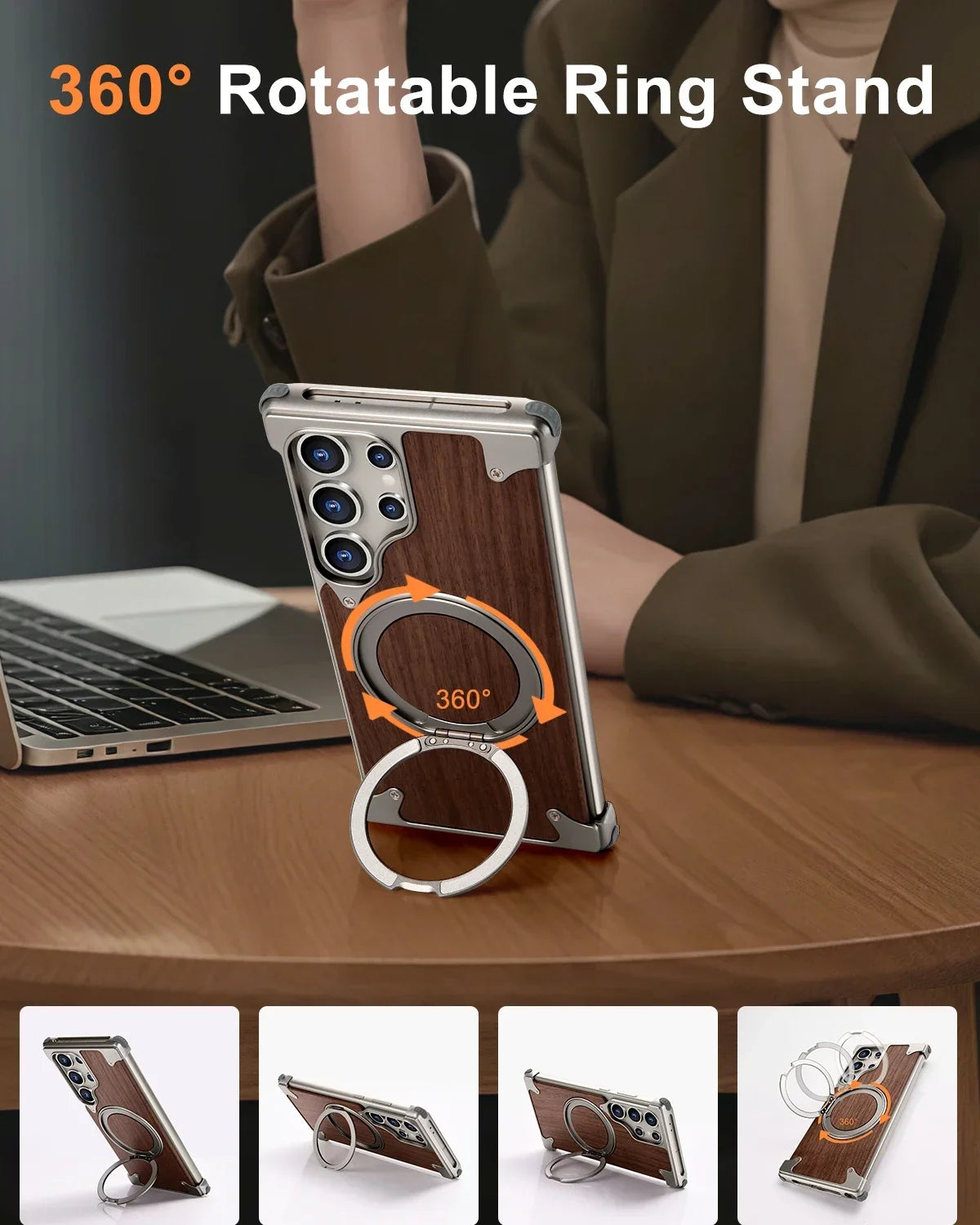 Eary Solid Wood Phone Case for Samsung Galaxy S25 S24 Ultra With Magsafe 360° Rotation Kickstand Frameless Protective Shells