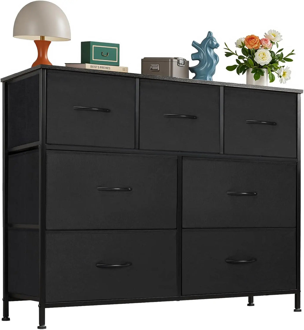 Dresser for Bedroom, 7 Storage Drawers, Wide Fabric Closet Chests Organizer Tower Furniture,TV Stand with Wooden Top Metal Frame