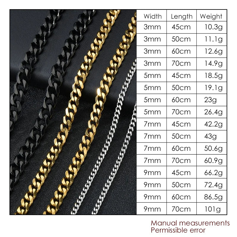 3/5/7MM Cuban Link Chain Necklace | Stainless Steel Gold Punk Choker for Women