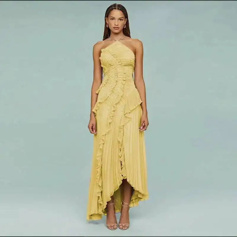 Giyu Sexy Evening Party Dresses Women Summer Halter Prom Gown Ruffles Lotus Edge Tiered Backless Robe Elegant Chiffon Long Dress