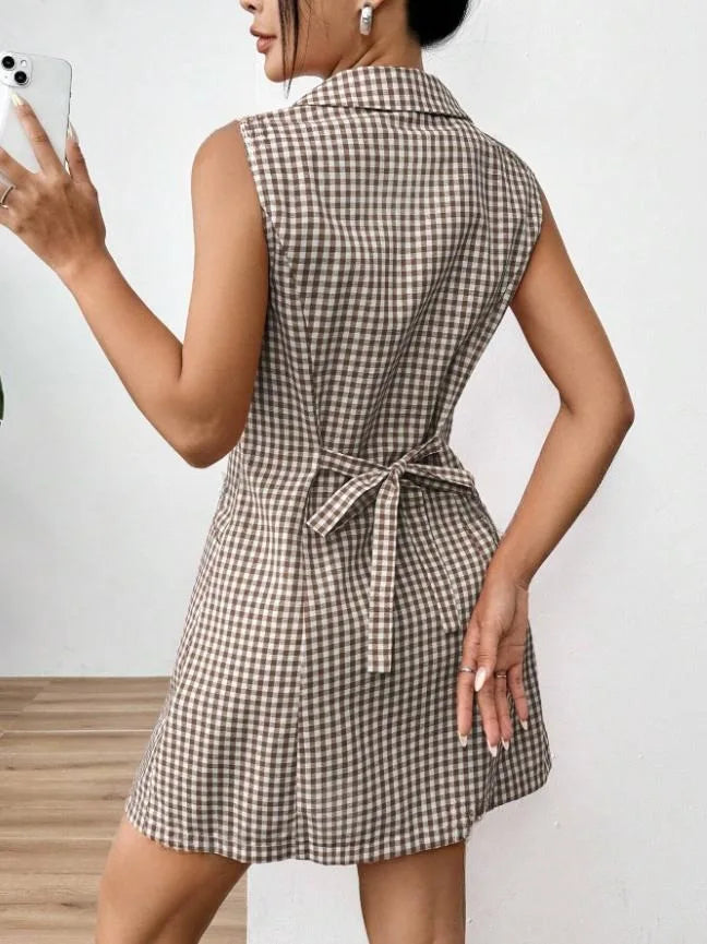 French Retro Plaid Dresses Women Summer New  Sleeveless Round Neck Button Up Cocktail Dress Female Bodycon Dresses Vestidos