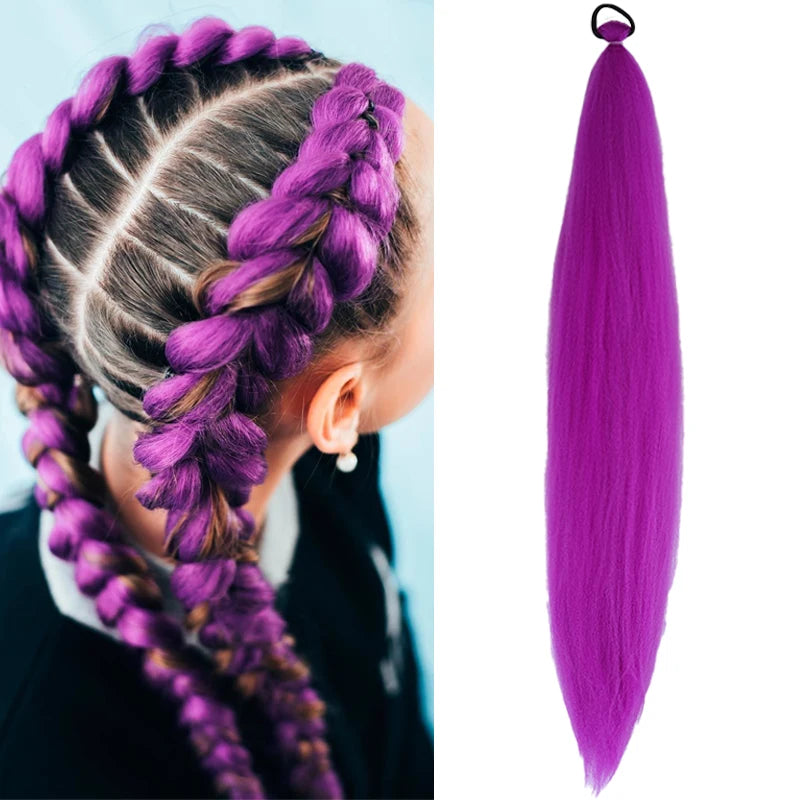 Synthetic Purple Hair Ponytail with Elastic Rubber Band Long Yaki Straight Ponytail for DIY Braiding for Christmas Halloween Use