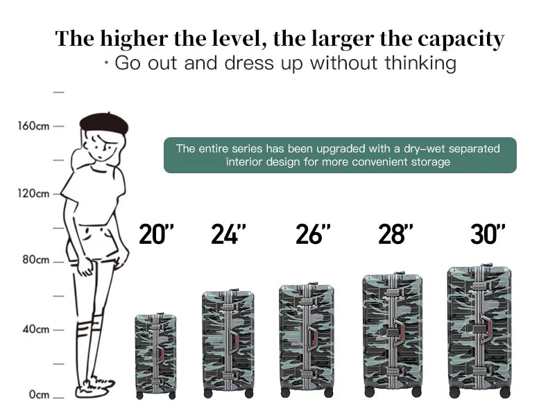 Suitcase Wide Handle Travel Suitcase Men 20 24 26 Carry-On Luggage Women PC Aluminum Frame Trolley Case