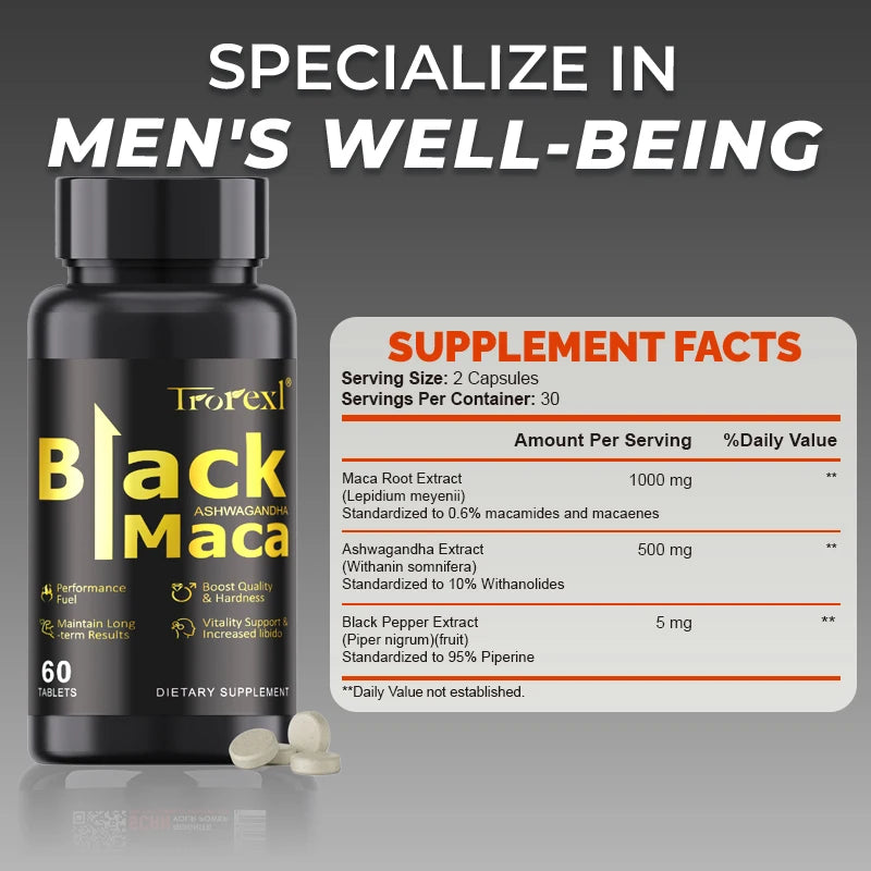 HABUMAMA Natural Black Maca Tablets with Ashwagandha & Black Pepper – Male Energy & Stamina Booster | Supports Vitality, Endurance & Performance (60 Tablets)