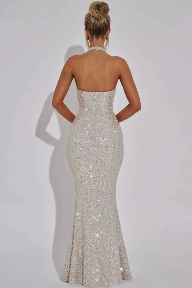 Giyu Sexy Glitter Sparkle Sequined Club Evening Party Dresses Women 2025 Summer Autumn Halter Backless Bodycon Maxi Long Dress