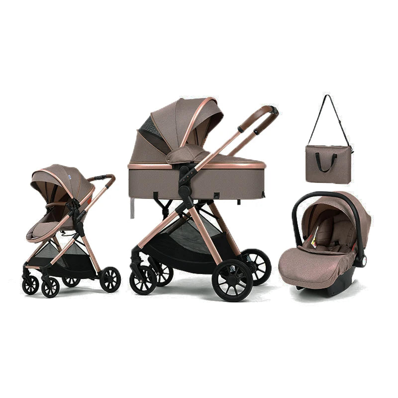 3 in 1 multifunctional baby stroller equipped with car seats for sitting and lying down, lightweight and comes with a mommy bag