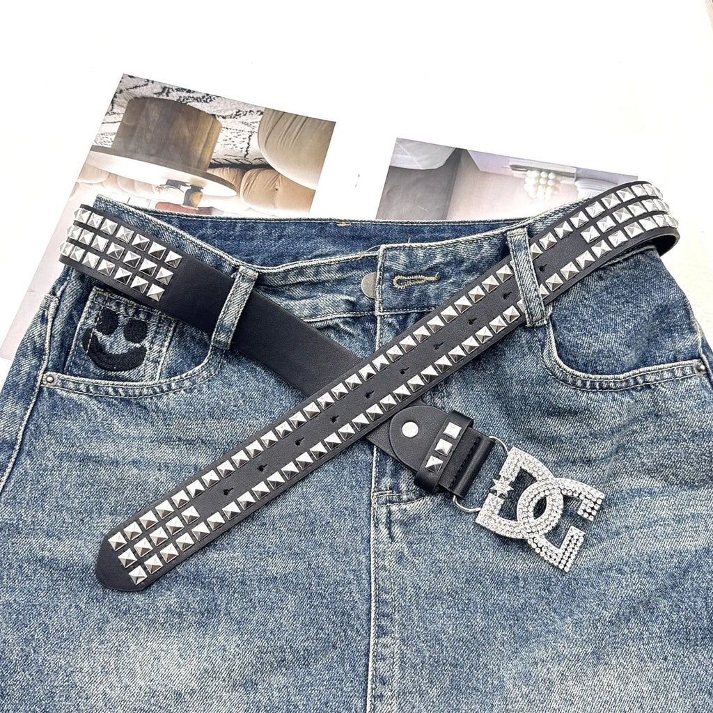 YK2 luxury·hot girl women's rhinestone belt, unique punk fashion rivet leather belt, versatile embedded decorative belt