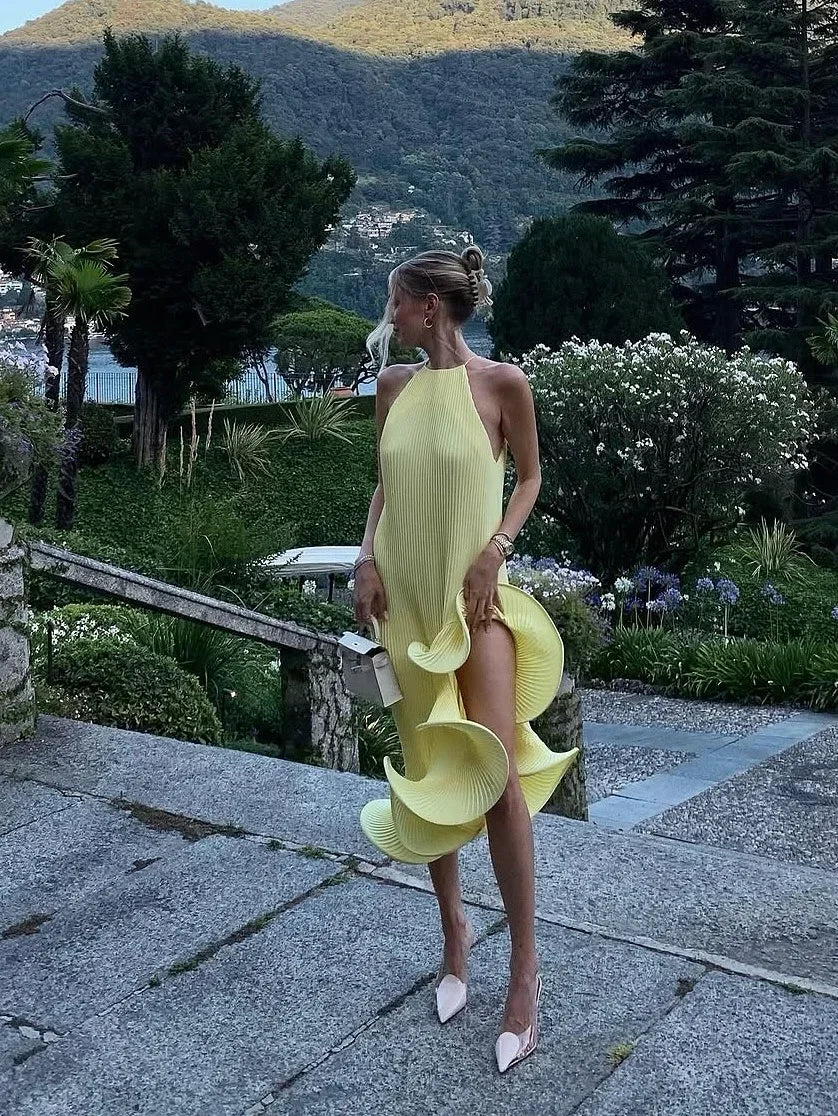 Women Romantic Yellow Halter Maxi Dress Ribbed Knit Ruffled High-slit Slim-fit Vestido 2026 Lady New Spring Trendy Fashion Robes