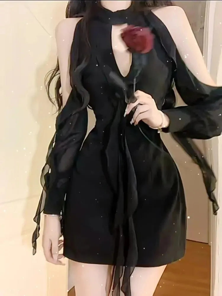 Korean Style Black Off-Shoulder Sexy Hollow-Out Dress for Women Spring Casual Temperament Fashion