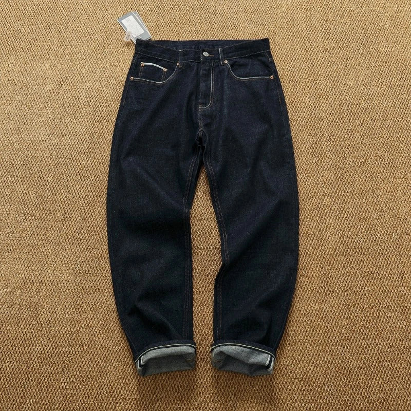 Original color raw fabric selvedge denim jeans men's straight micro tapered khaki retro trousers