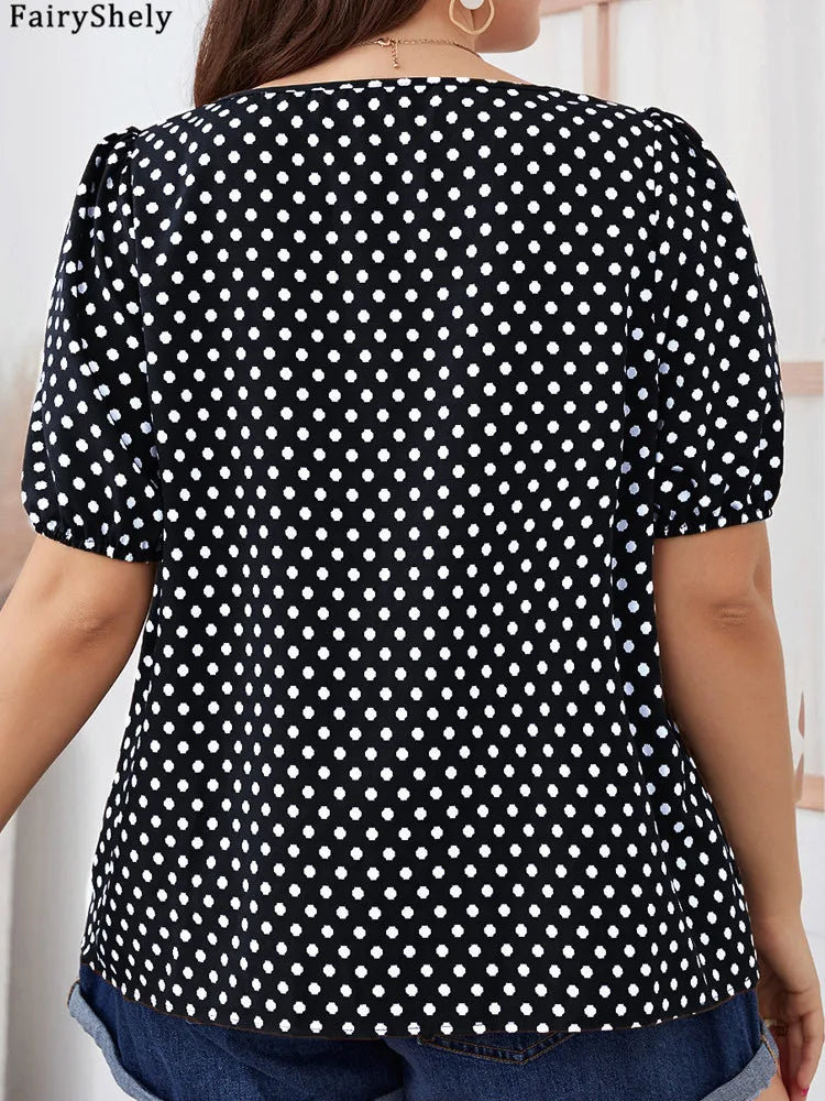 FairyShely Plus Size Square Collar Summer Top – Elegant Short Sleeve Casual T-Shirt for Women