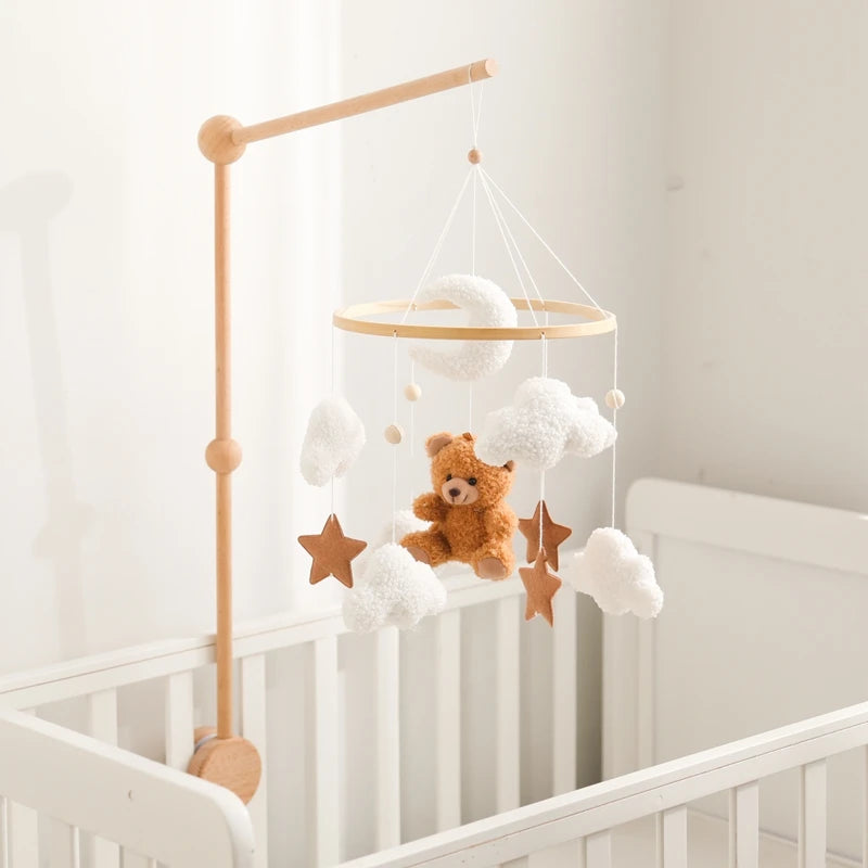 Wooden Crib Mobile Baby Bed Bell Rattle Toy Soft Felt Cartoon Bear Mobile bracket Newborn Music Box Bed Bell Hanging Bracket Toy