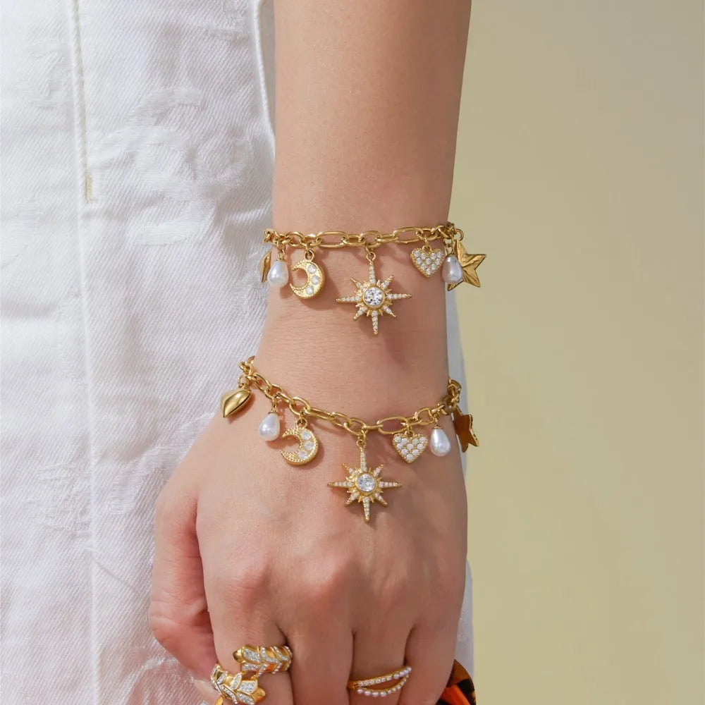 Zircon Heart, Star & Moon Jewelry Set | 18K Gold-Plated Stainless Steel Necklace & Bracelet