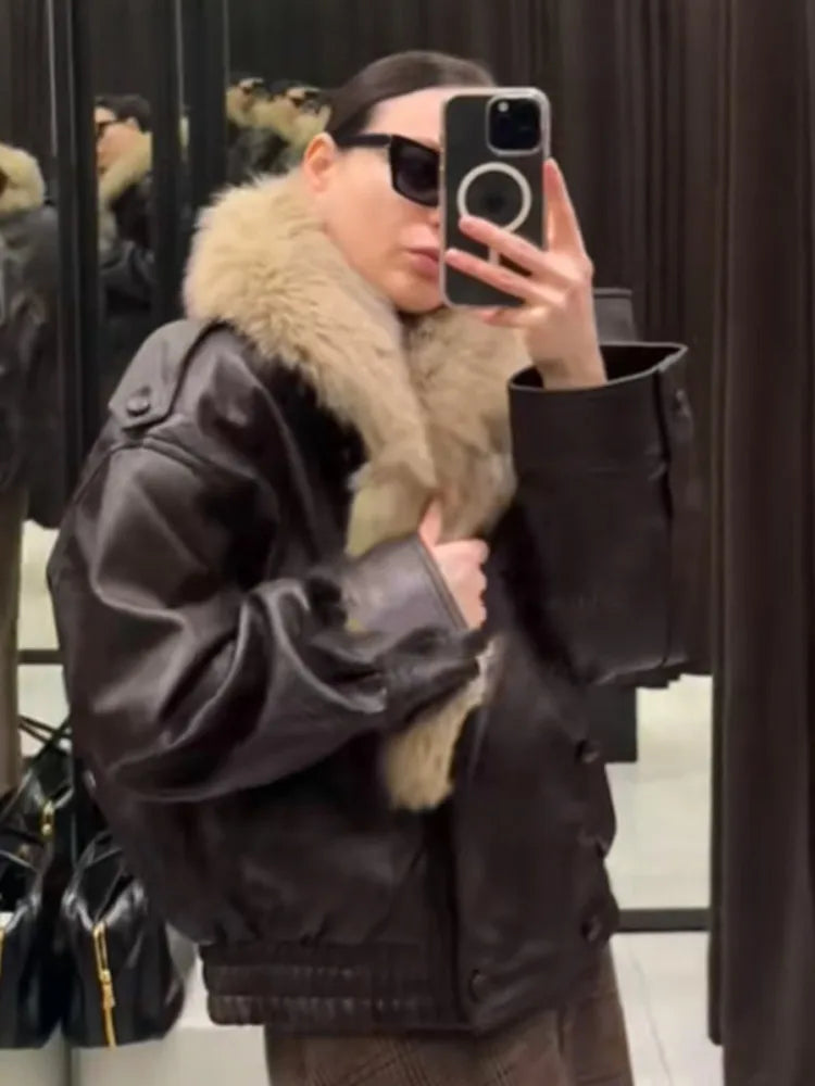 Vintage Fur Collar Women Leather Jacket Lapel V-neck Full Sleeve Double Breasted Bomber Jackets Lady Winter High Street Outwear
