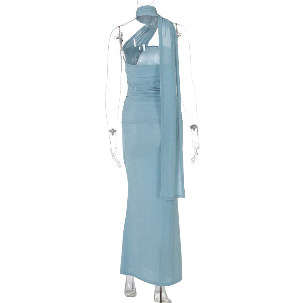 Hugcitar Halter Solid Sleeveless Backless Ruched Sexy Bodycon Maxi Prom Dress Summer Women Elegant Outfit Evening Party Birthday