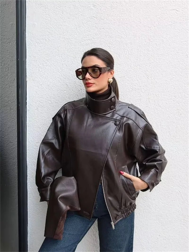 Women's Jacket Fall 2025 New Black Long Sleeve Pebble Faux Leather Jacket Motorcycle Style Personality Fashion