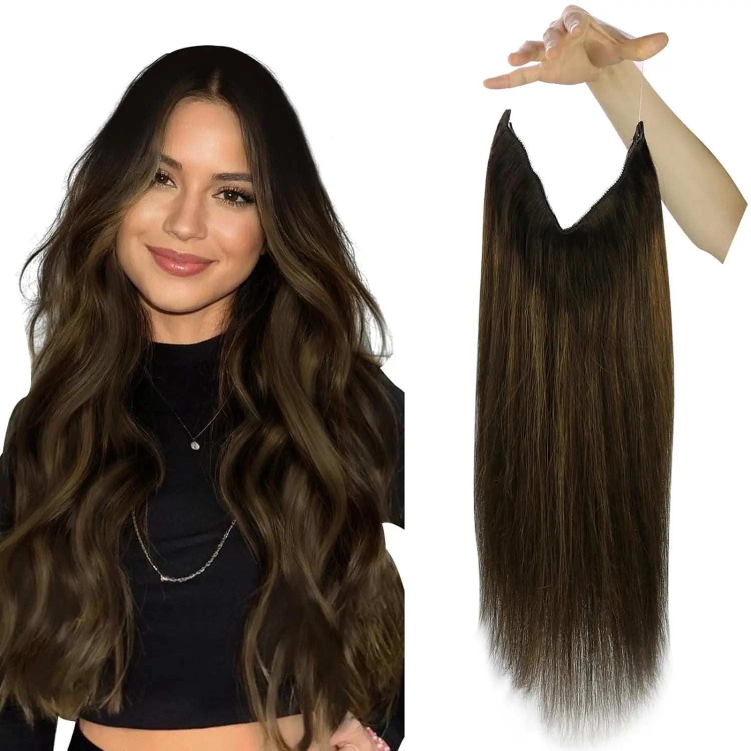 VeSunny Fish Line Human Hair Extension Remy Hair One Piece Invisible Wire Hair Weft Brazilian Hair Balayage Hair Extensions