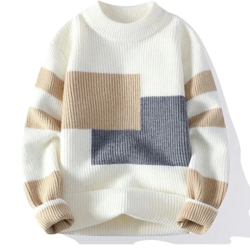 Autumn Winter New Men Sweater Mock Neck Patchwork Contrast Color Trend Youth Fashion Thicken Long Sleeve Pullovers Knitted Tops
