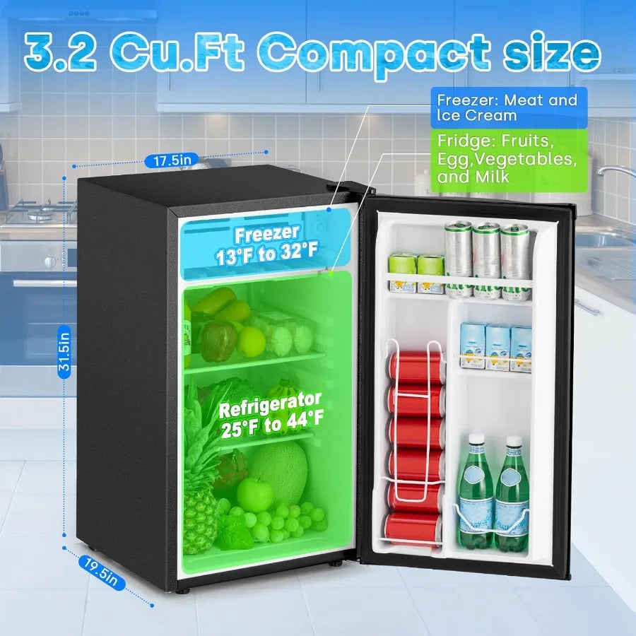 3.2 Cu.Ft Mini Fridge with Freezer Single Door Small Refrigerator in White with 7 Adjustable Thermostat Energy Saving Low Noise