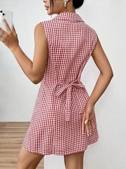 French Retro Plaid Dresses Women Summer New  Sleeveless Round Neck Button Up Cocktail Dress Female Bodycon Dresses Vestidos