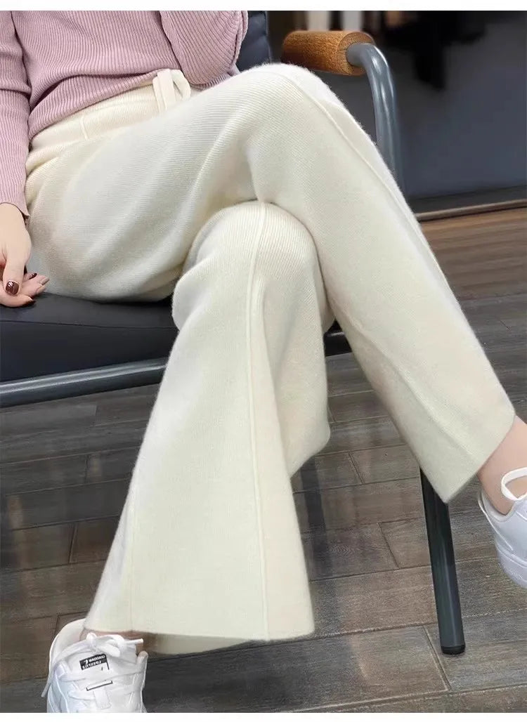 Women’s High-Waist Knit Wide-Leg Pants — Full-Length, Elastic Waist, Warm Stretch (Autumn/Winter, Korean Style)