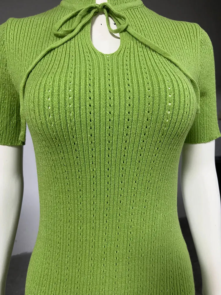 Tossy Knit Hollow Out Lace-Up Dress Female Ribbed Short Sleeve Patchwork High Waist Elegant Long Dress Women's Knitwear Dress