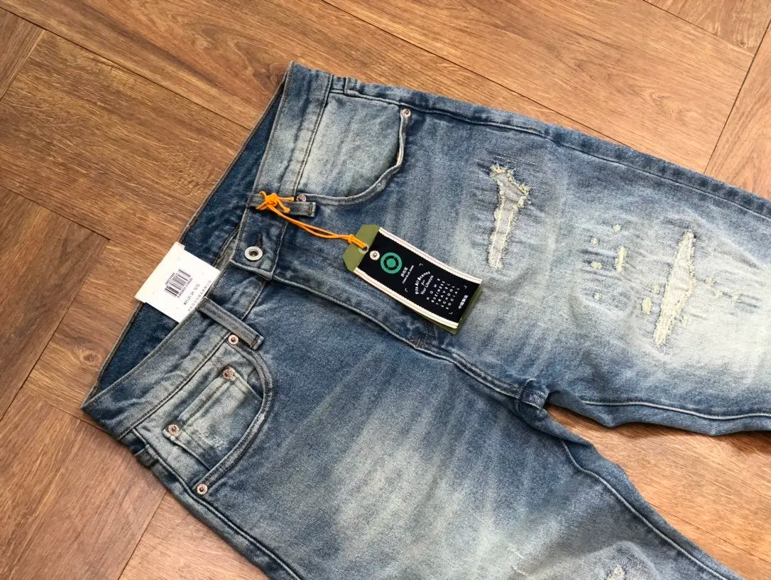 Men's Vintage American Retro Distressed Denim Jeans - 100% Cotton Washed Relaxed Tapered Straight Fit with Patchwork Pants