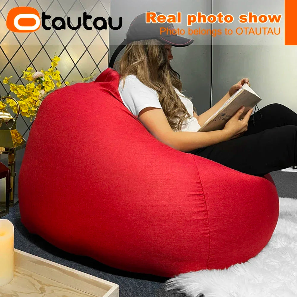 OTAUTAU Filled 70cm Bean Bag Sofa with Filler Big Cotton Linen Lazy BeanBag Bedroom Chair Puff Relax Lounge Couch DD002
