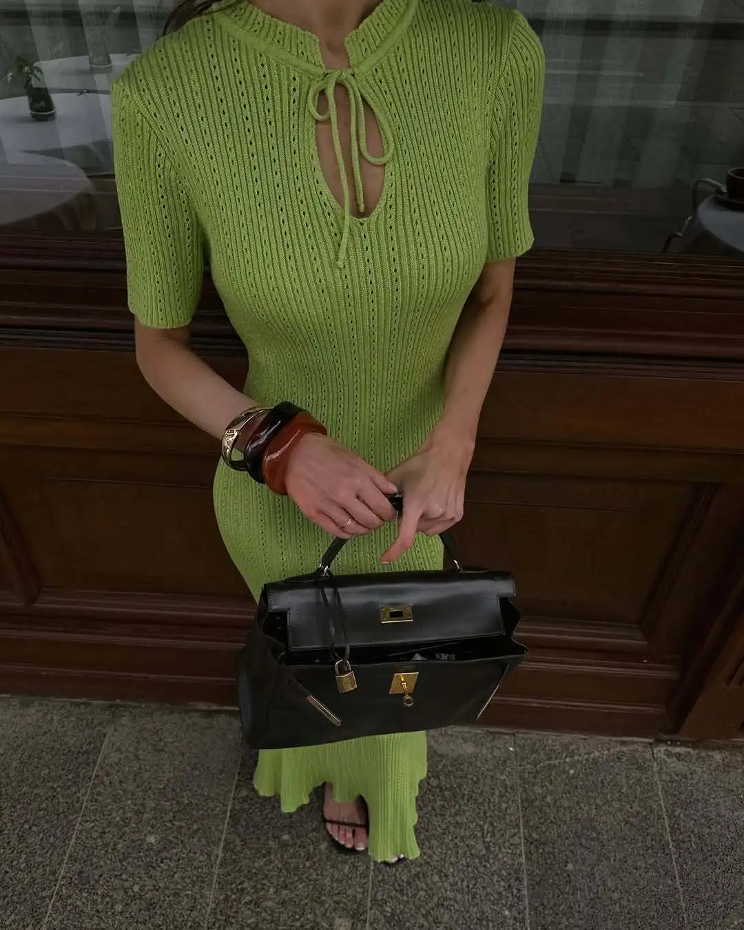 Tossy Knit Hollow Out Lace-Up Dress Female Ribbed Short Sleeve Patchwork High Waist Elegant Long Dress Women's Knitwear Dress