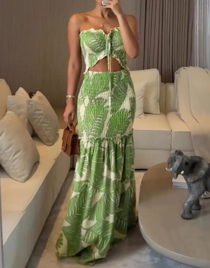 Spring Women Halter Dress Print Mermaid Long Dresses Bodycon Dress Female Summer New Fashion Holiday Sexy Lady Clothes