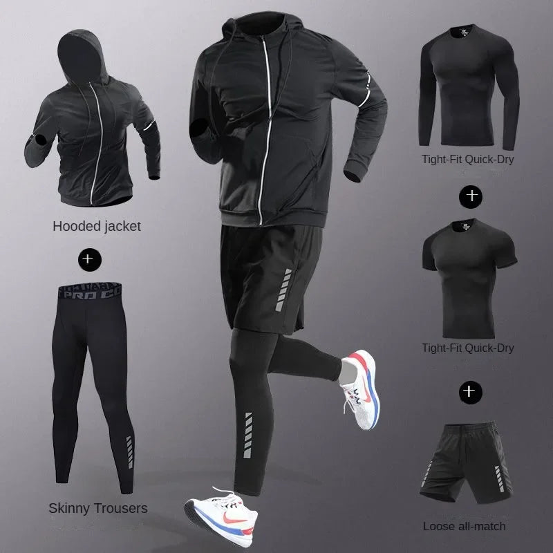 3-7Pcs Men's Ice Fiber Quick-Dry Running Fitness Full Set/Suit Tracksuit For Marathon, Training Cycling，Jogging,Gym， sweatpants