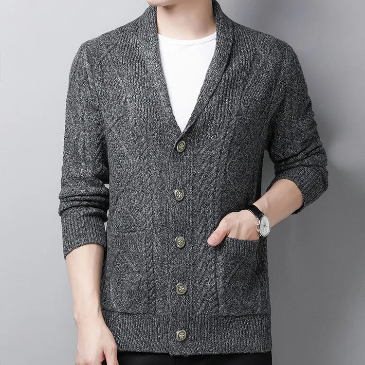 New Men's Knitted Cardigan, Youth Lapels Long Sleeve Coat, Men's Sweater Casual, Camel Black Gray Warm Sweater