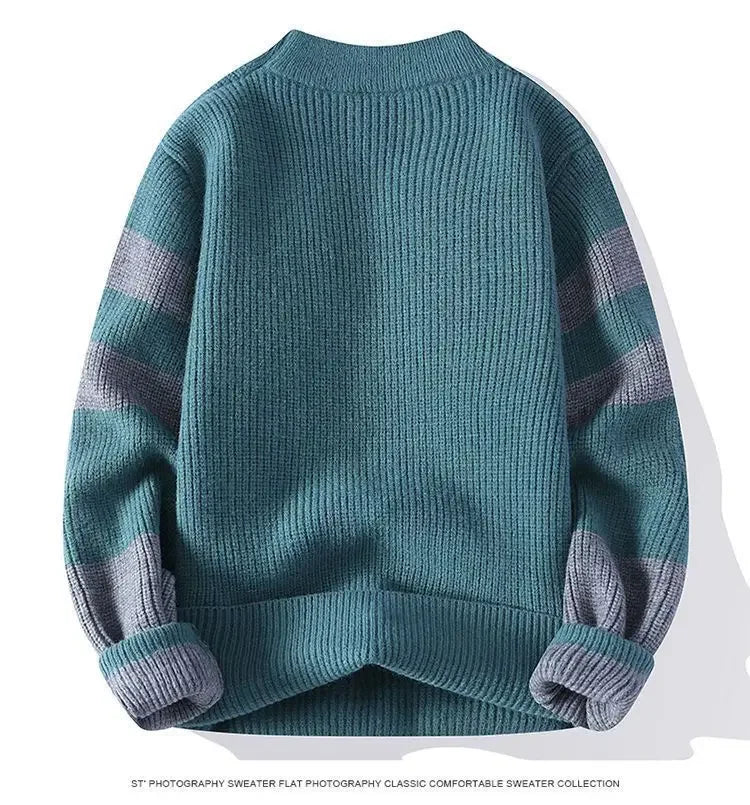 Autumn Winter New Men Sweater Mock Neck Patchwork Contrast Color Trend Youth Fashion Thicken Long Sleeve Pullovers Knitted Tops