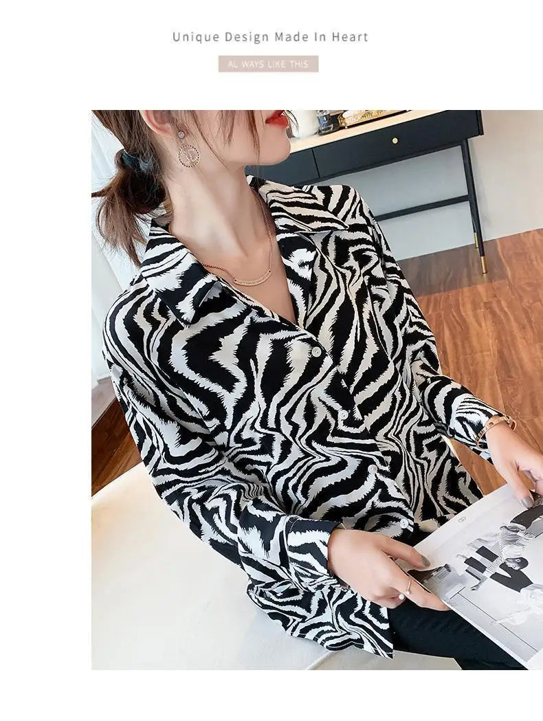 Fashion Lapel Button Printed Leopard 2022 Autumn New Chiffon Shirt Loose Commute Tops Oversized Casual Women's Clothing Blouses