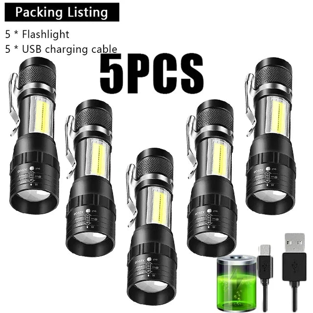 1-5PCS Mini LED Flashlight Zoom Torch COB+XPE Lamp Built-in Battery Lamp Outdoor Waterproof Emergency Pocket Light With Pen Clip
