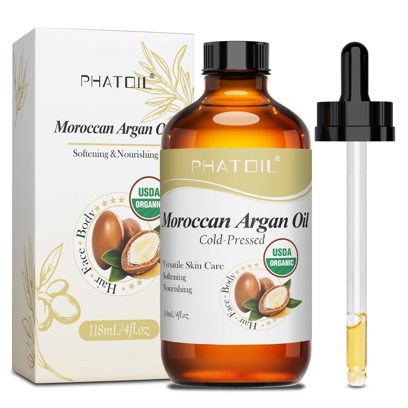 PHATOIL 118ml Organic Face Oil Natural Cold Pressed USDA Carrier Oils- Castor Oil,Jojoba,Moroccan Argan Oil,Rosehip Seed Oil