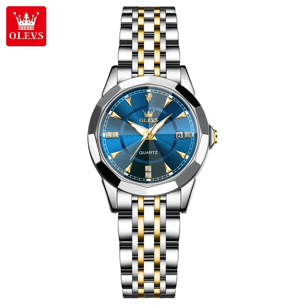 OLEVS 9977 Women's Quartz Watch Rhombus Mirror Waterproof Stainless Steel Elegant Luxury Ladies Hand Clock