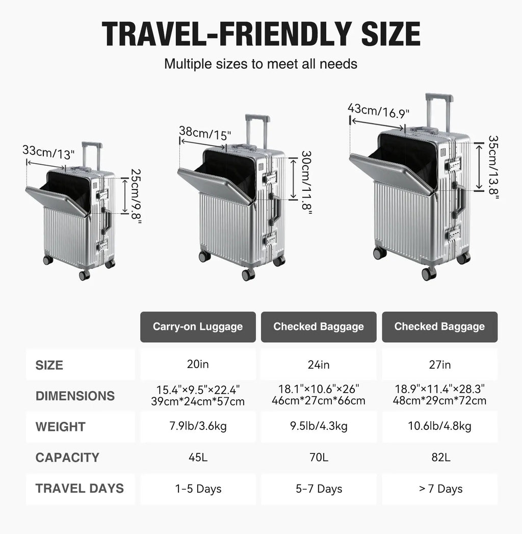 AIWEINY Aluminum Frame Suitcase PC Hard Shell Pressure-Resistant Travel Luggage, 360° Silent Swivel Wheels, with TSA Lock.