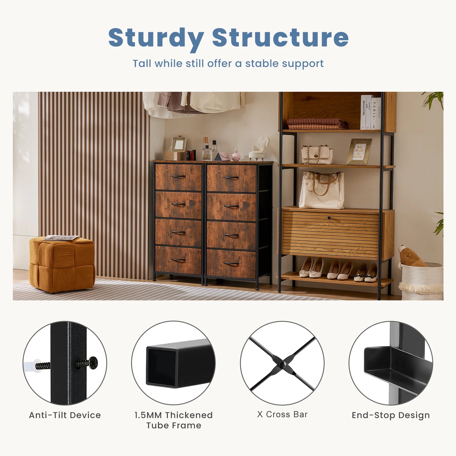 JHK Dresser For Bedroom With 4 Fabric Drawers Nightstand Wardrobe Steel Frame Closet For Clothes Storage Cabinet Of Furniture