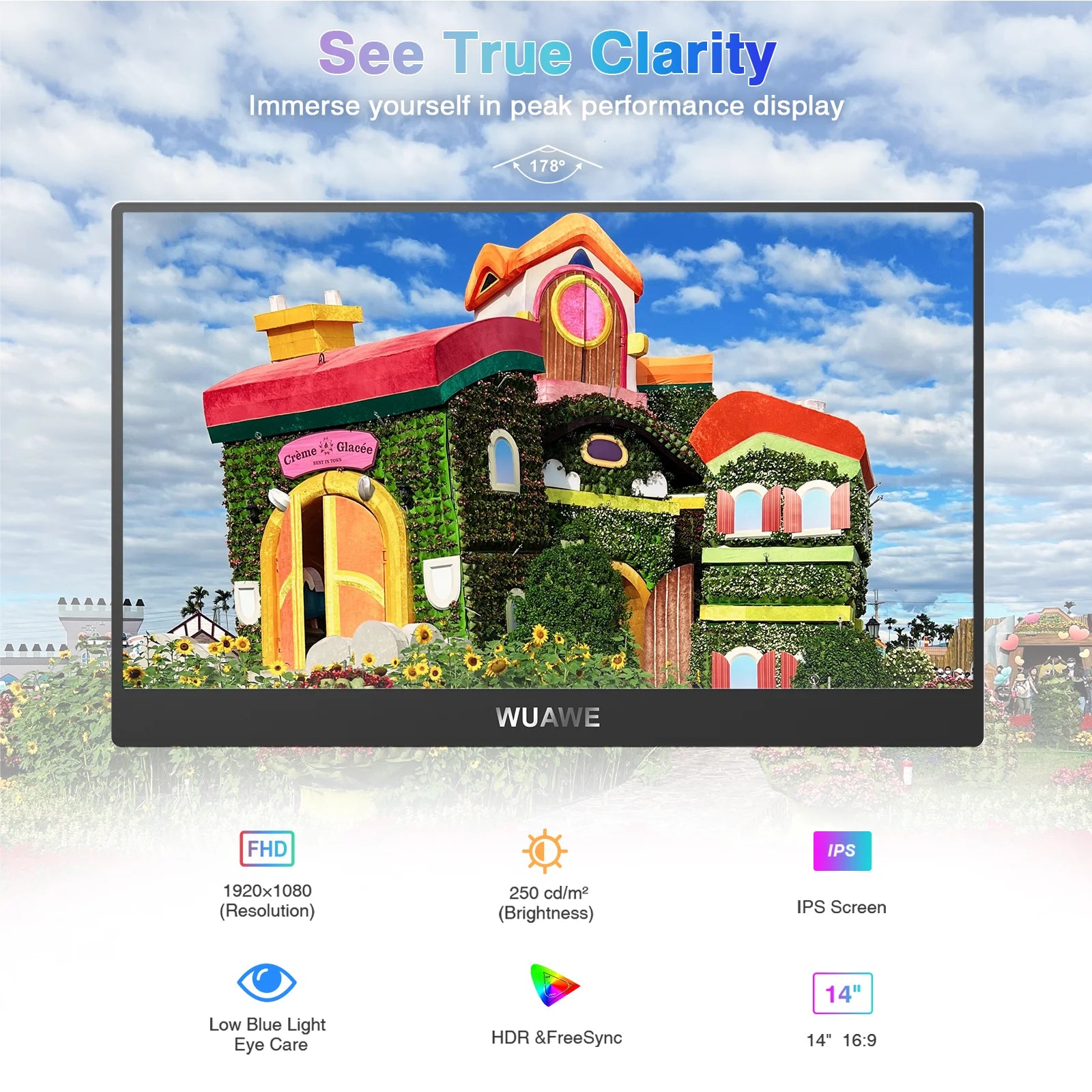 WUAWE 14" Portable Monitor — 1080p IPS | Dual USB-C + mini HDMI | Built-in Speakers