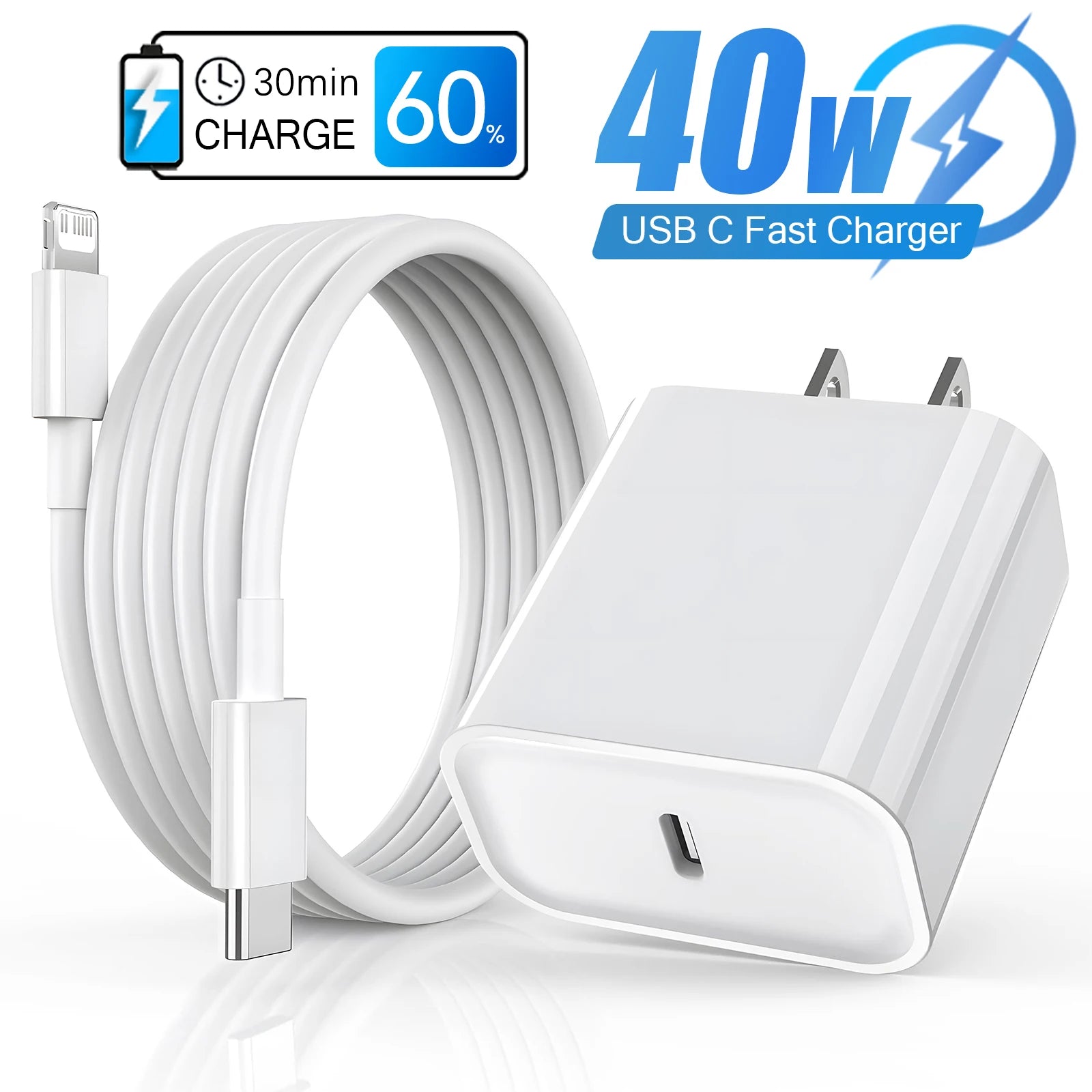 40W Fast Charger Set with USB-C Cable for iPhone 14/13/12/11 Pro Max, X/XS, iPad – Quick Charging Adapter