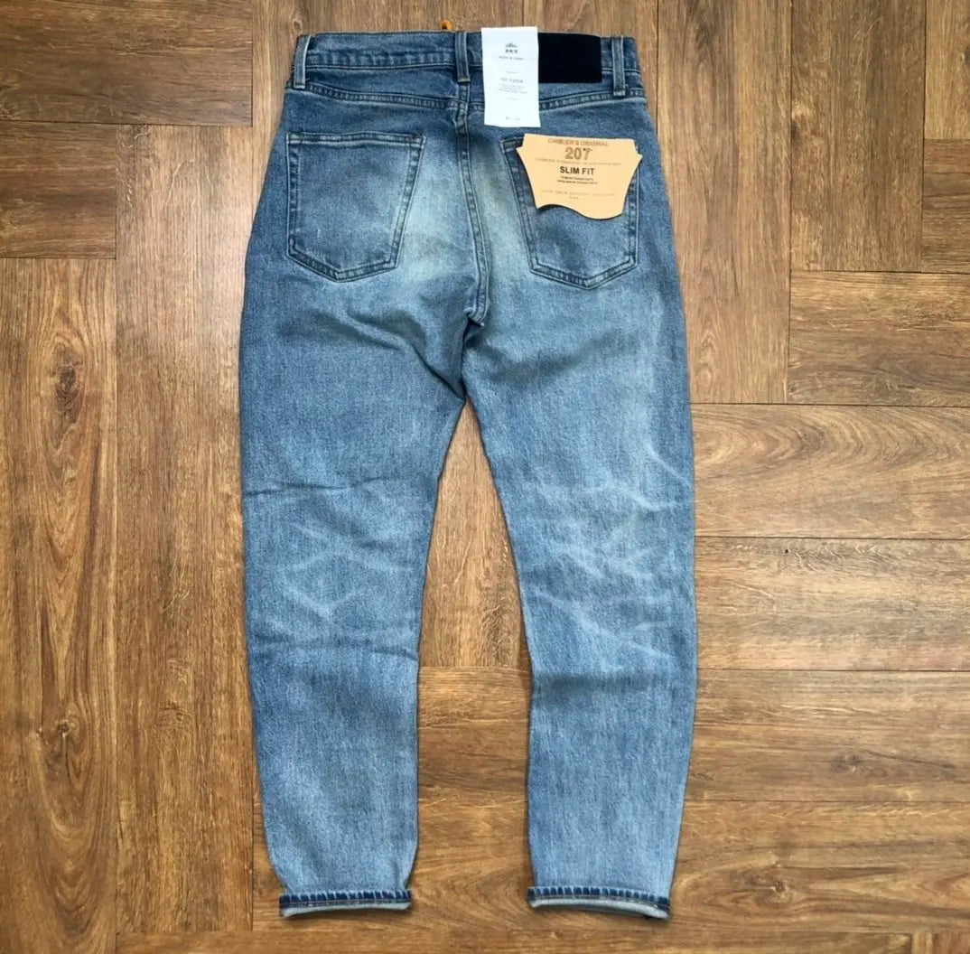 Men's Vintage American Retro Distressed Denim Jeans - 100% Cotton Washed Relaxed Tapered Straight Fit with Patchwork Pants