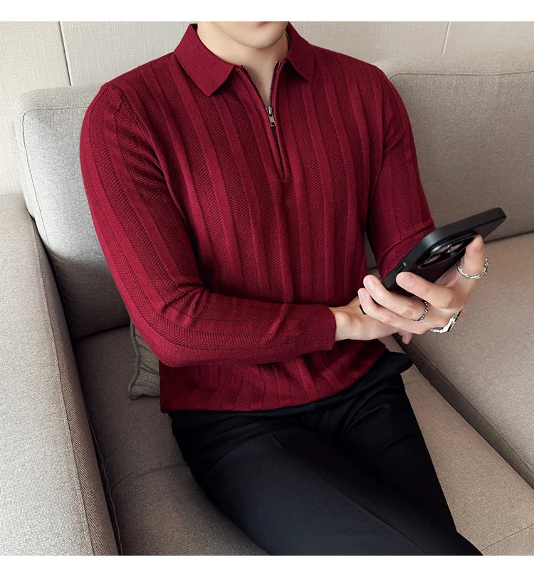 Men's Zip-Front Knit Sweater - White Polo Collar (Black/Burgundy/Cream) M-4XL Soft Touch Autumn Winter Casual Style