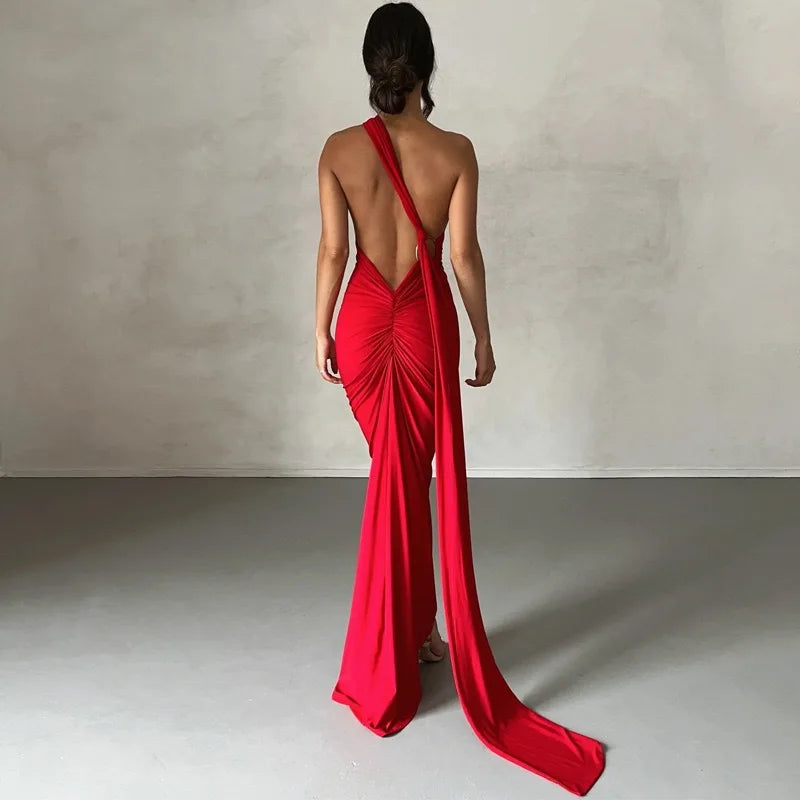 Women's One-Shoulder Sleeveless Maxi Dress Adjustable Scarf Loop Ruched Backless Bodycon Festival Party Outfit Elegant Long Gown