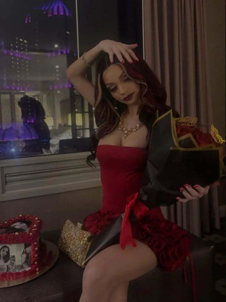 VC Christmas Dress Strapless Backless Red Structured Floral Embellished Mini Length Bodycon Celebrity Party Cocktail Dress