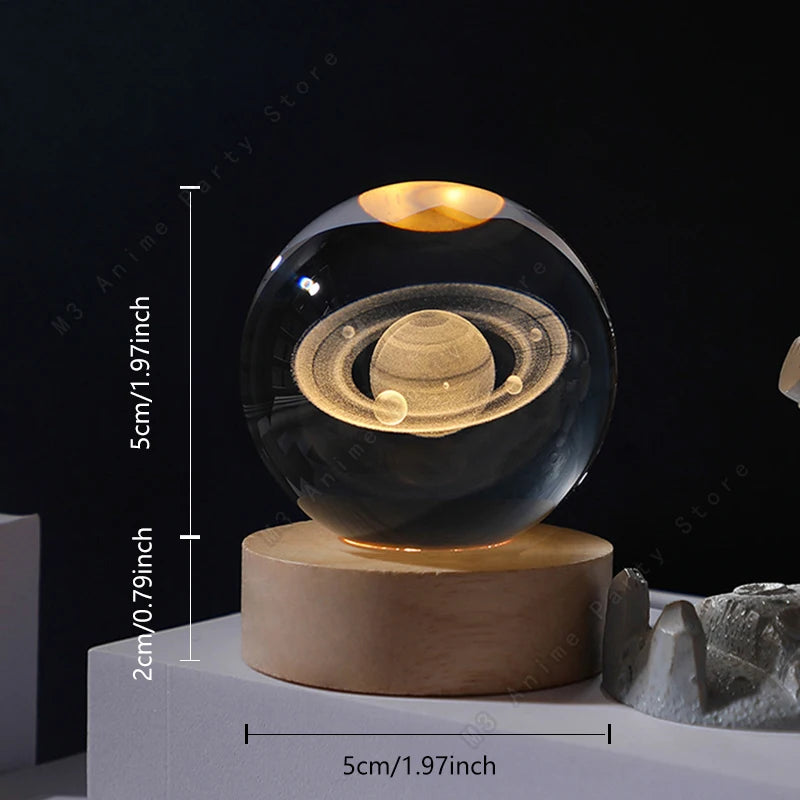 3D Planet Crystal Ball Night Light — USB Powered, Mini 5 cm Glass Globe with Wooden Base
