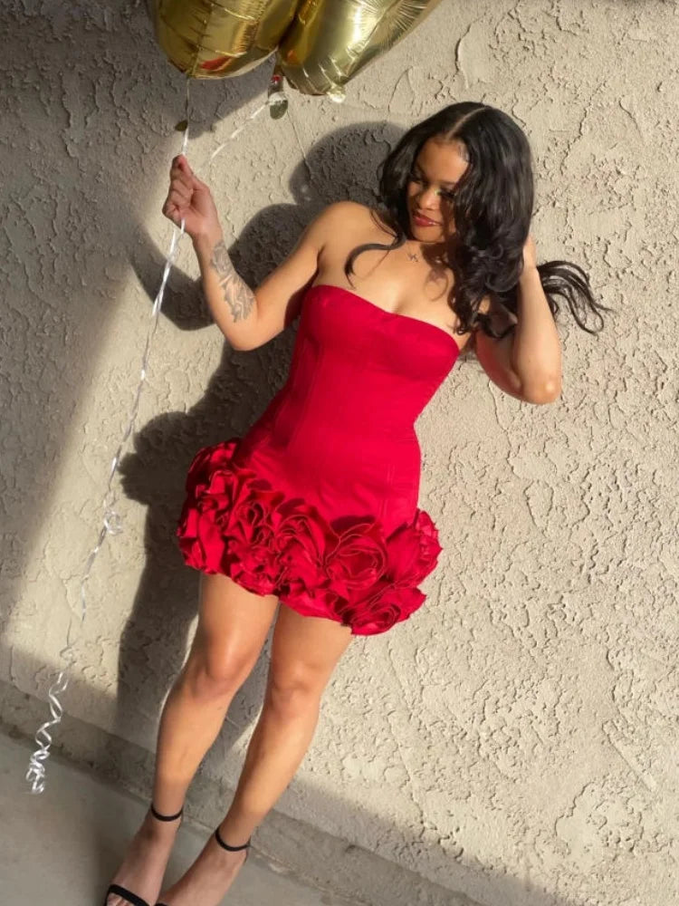 VC Christmas Dress Strapless Backless Red Structured Floral Embellished Mini Length Bodycon Celebrity Party Cocktail Dress