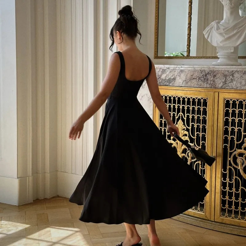 Oshfall European and American cross-border 2024 summer new solid square neck sleeveless suspenders long fashion women's dress