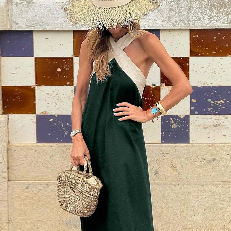 Vestido Sexy Cross Halter Sling Long Dress Women Spring Off Shoulder Hollow Party Dress Summer Sleeveless Backless Holiday Dress